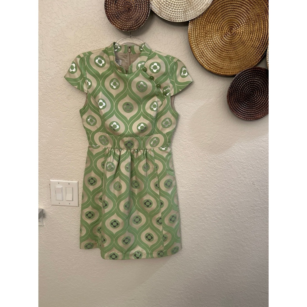 Tibi of London retro-style dress green beige clover print silver metal size 4